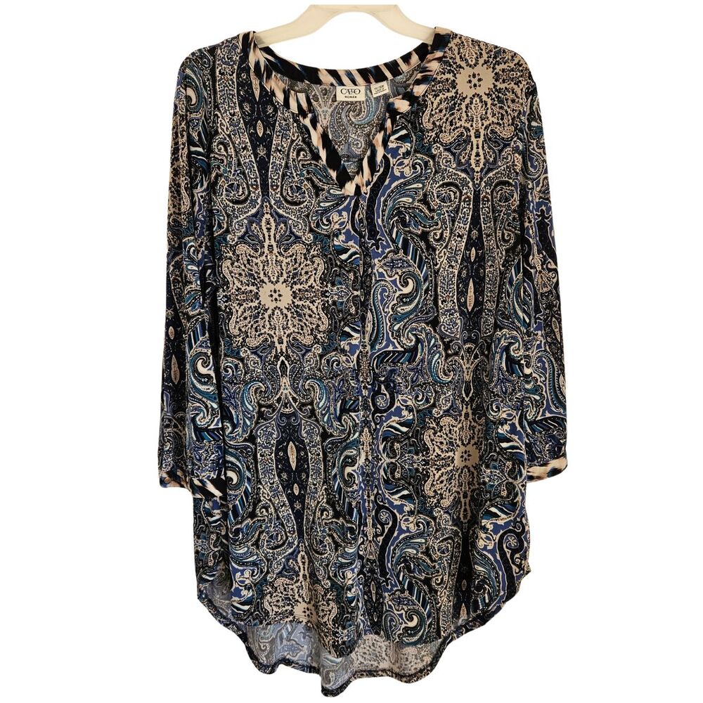 Cato Top Womens 14/16W Blue V-Neck Paisley Tunic Long/Roll Tab Sleeves Stretch